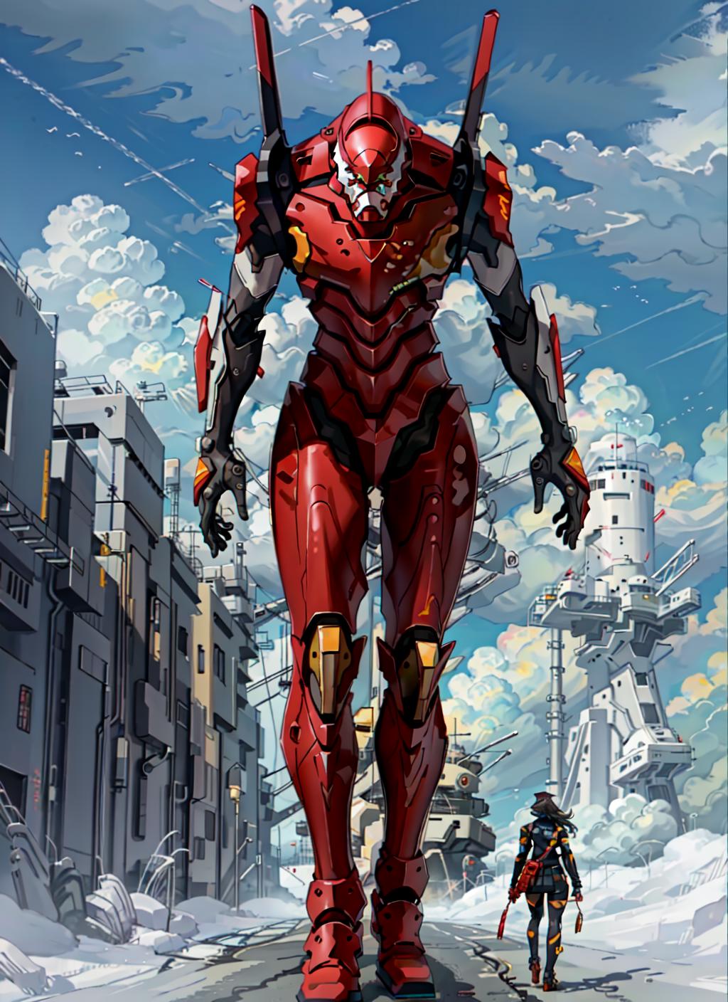 A Red and Gray Robotic Suit with a Sword in Hand, Standing in Front of Buildings and a Cloudy Sky.