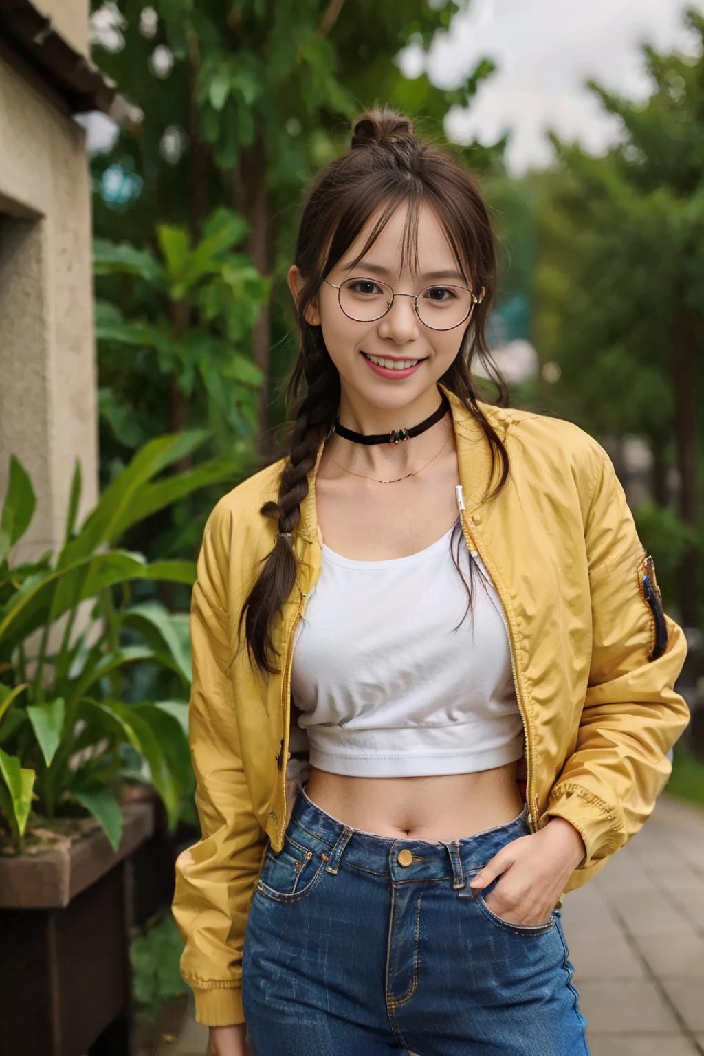 A young woman with glasses wearing a yellow jacket and denim shorts.