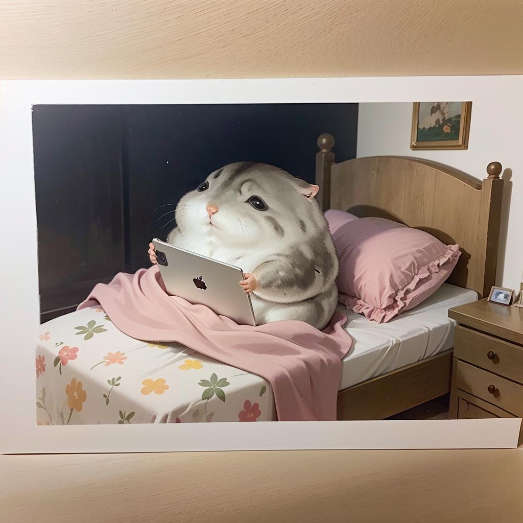 A cute hamster lying on a bed using a laptop.