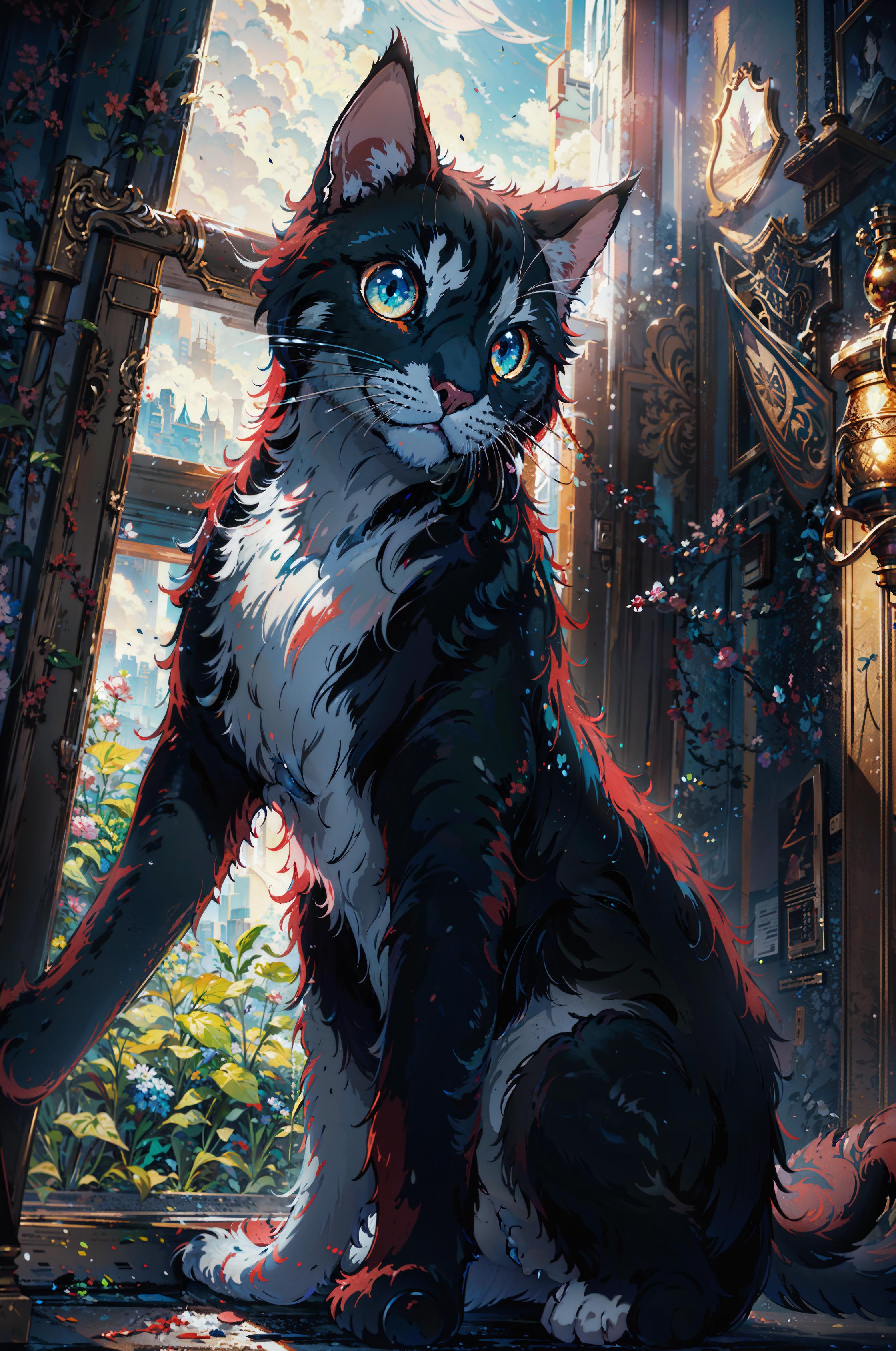 Anime-style black and white cat with blue eyes and red tail, standing in a doorway.