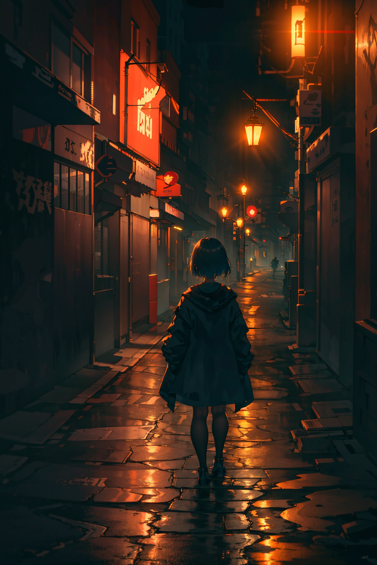 A girl in a raincoat walks down a dark alleyway at night.