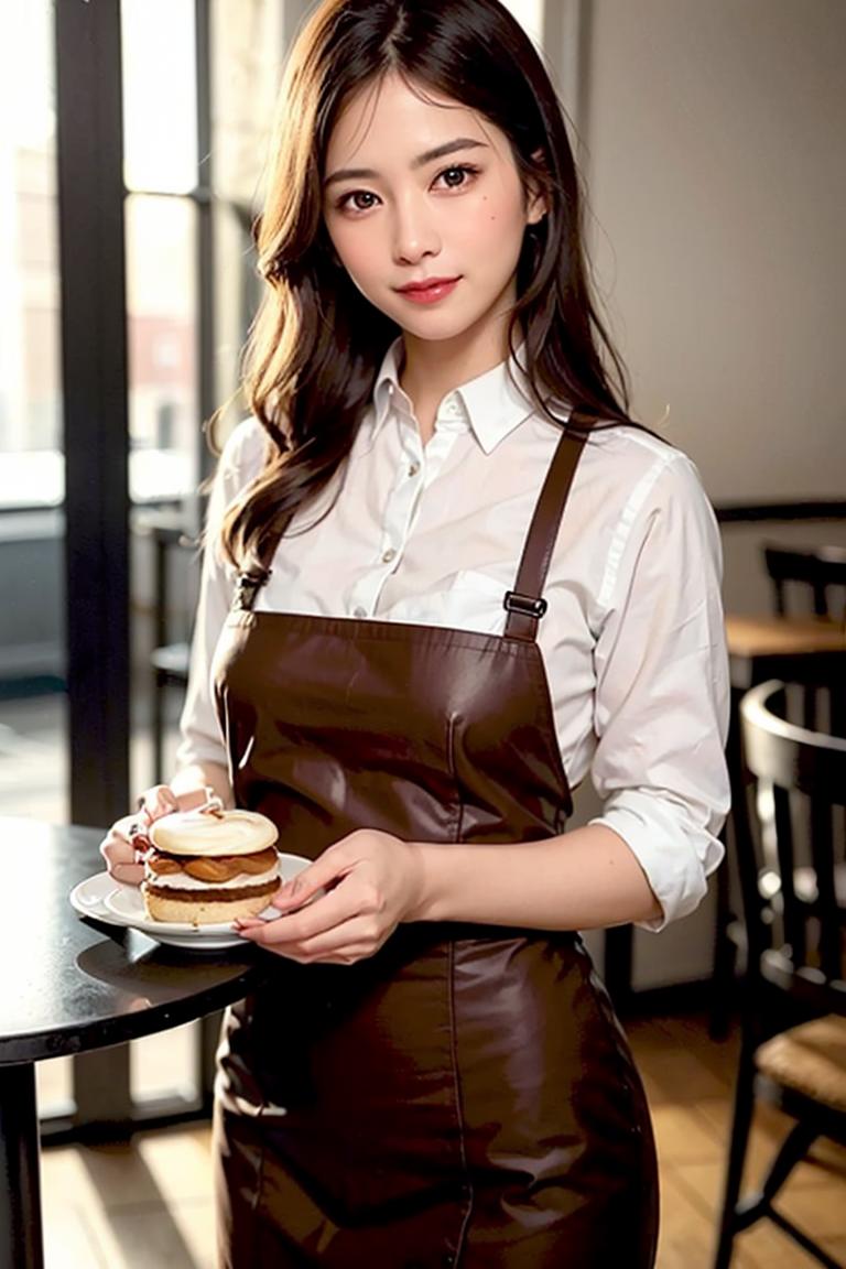 A woman wearing an apron and holding a plate with food.