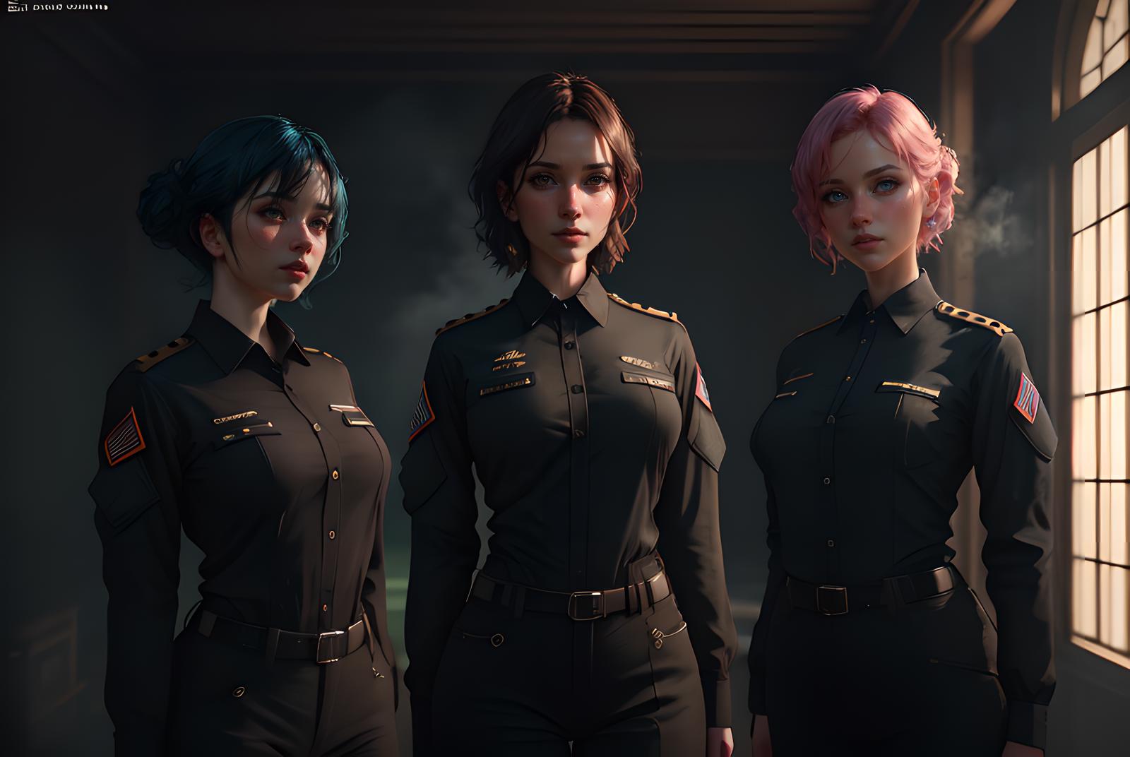 Three cartoon women in uniform standing together.