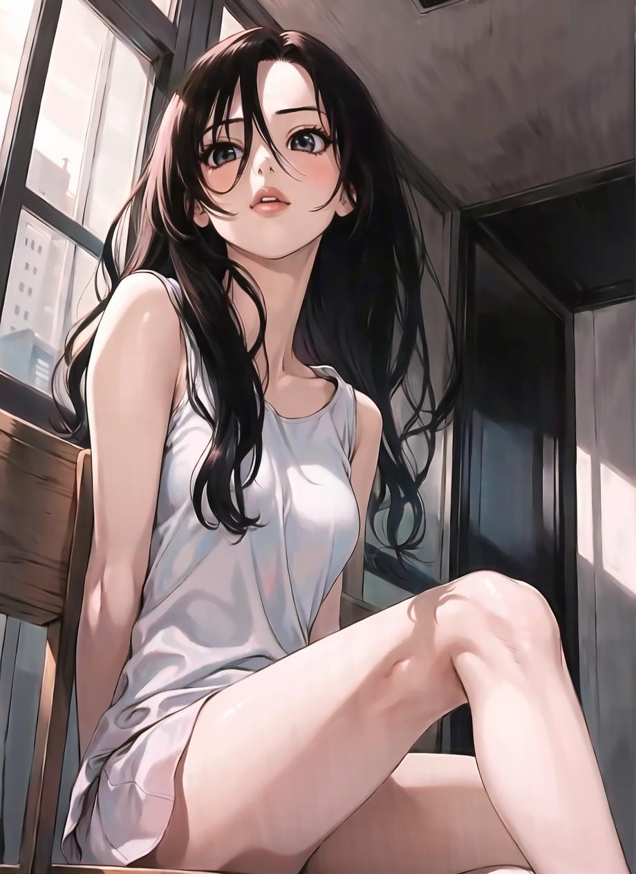 A girl with long black hair and a white shirt sitting on a wooden bench.