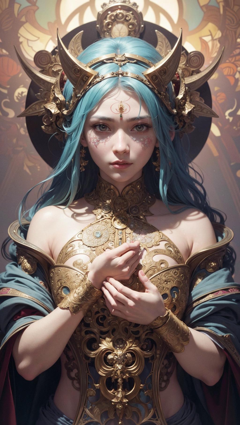 A blue-haired woman with a gold dress and gold accessories is the focus of this artistic portrait.