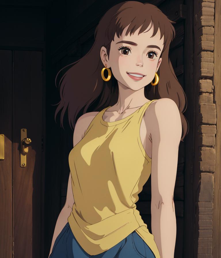 A young woman in a yellow shirt and gold earrings standing in a doorway.