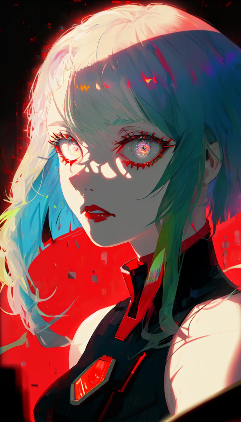 Anime Artwork: Girl with Long Hair and Unusual Eyes, Wearing a Black Shirt and Red Collar