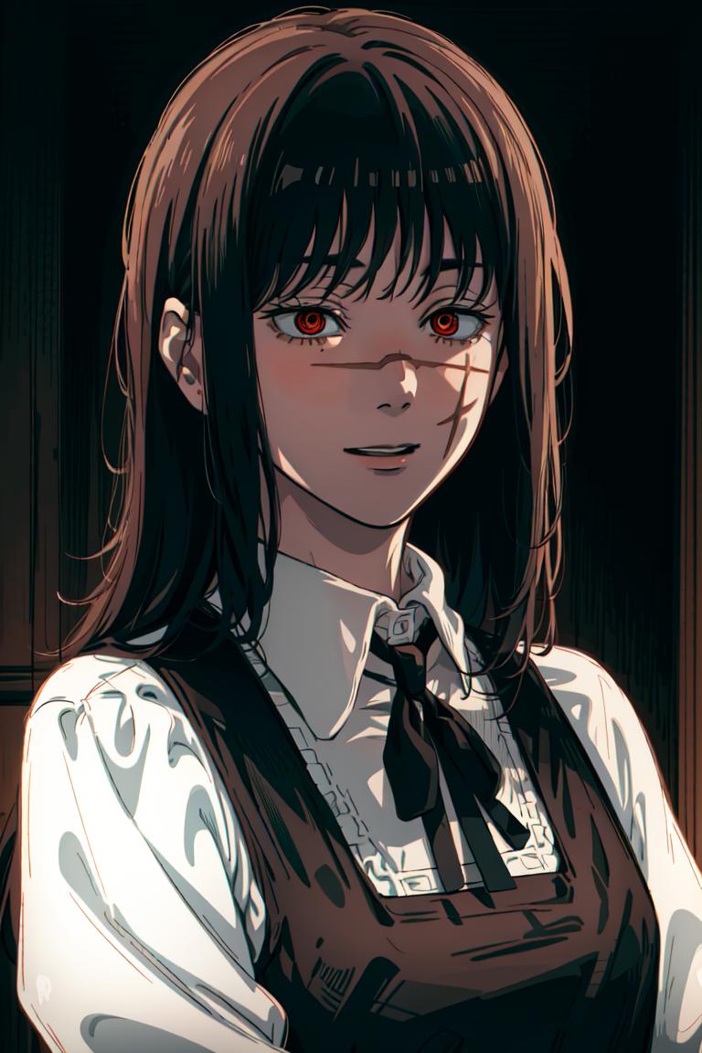 Anime Girl with Red Eyes and Black Hair Wearing a White Shirt and Tie.