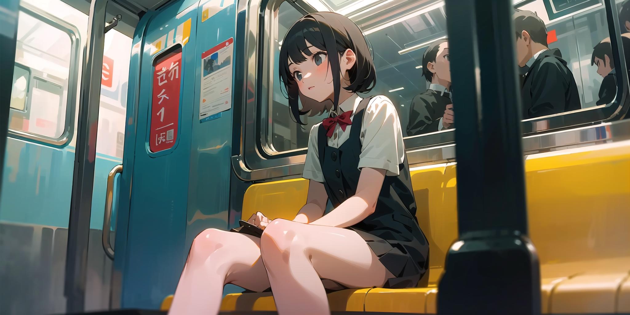 A young girl sitting on a yellow seat on a subway train.