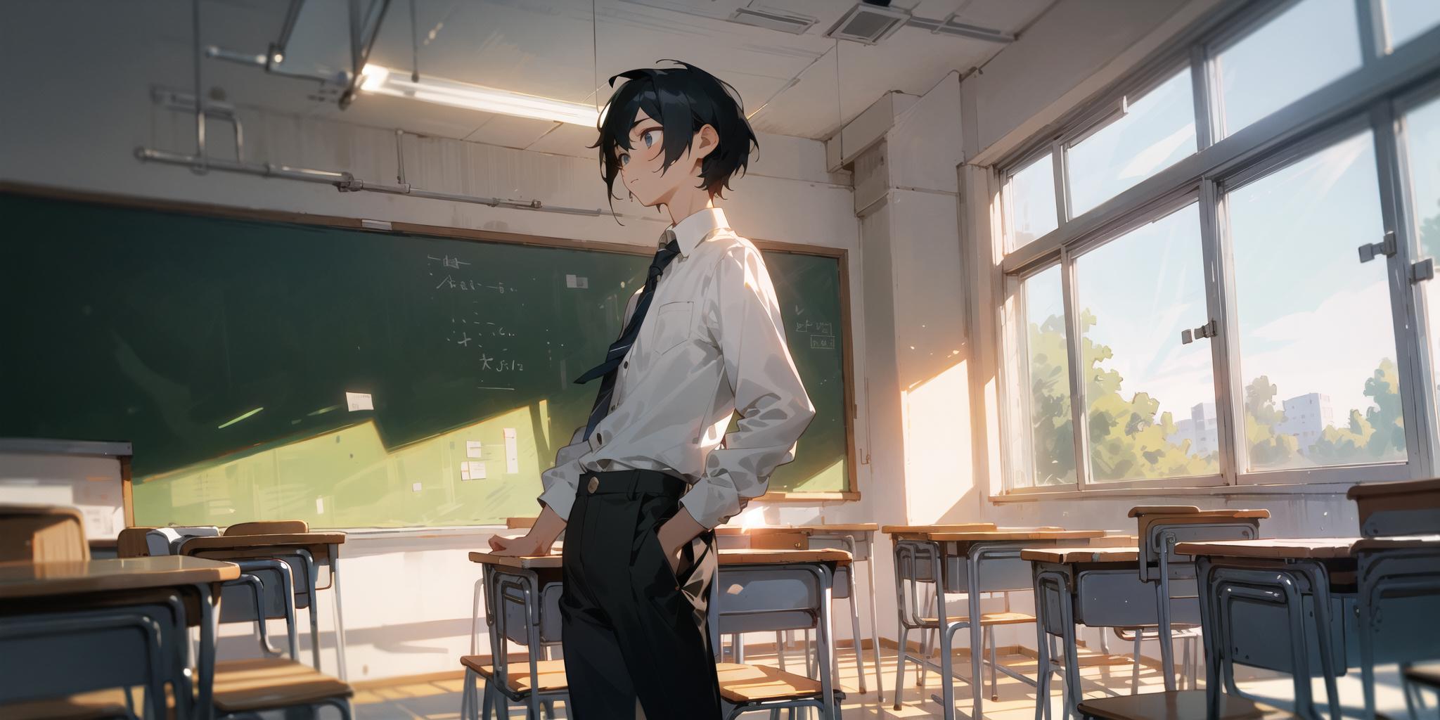 Anime Drawing of a Boy in a Classroom with Chalkboard and Desks
