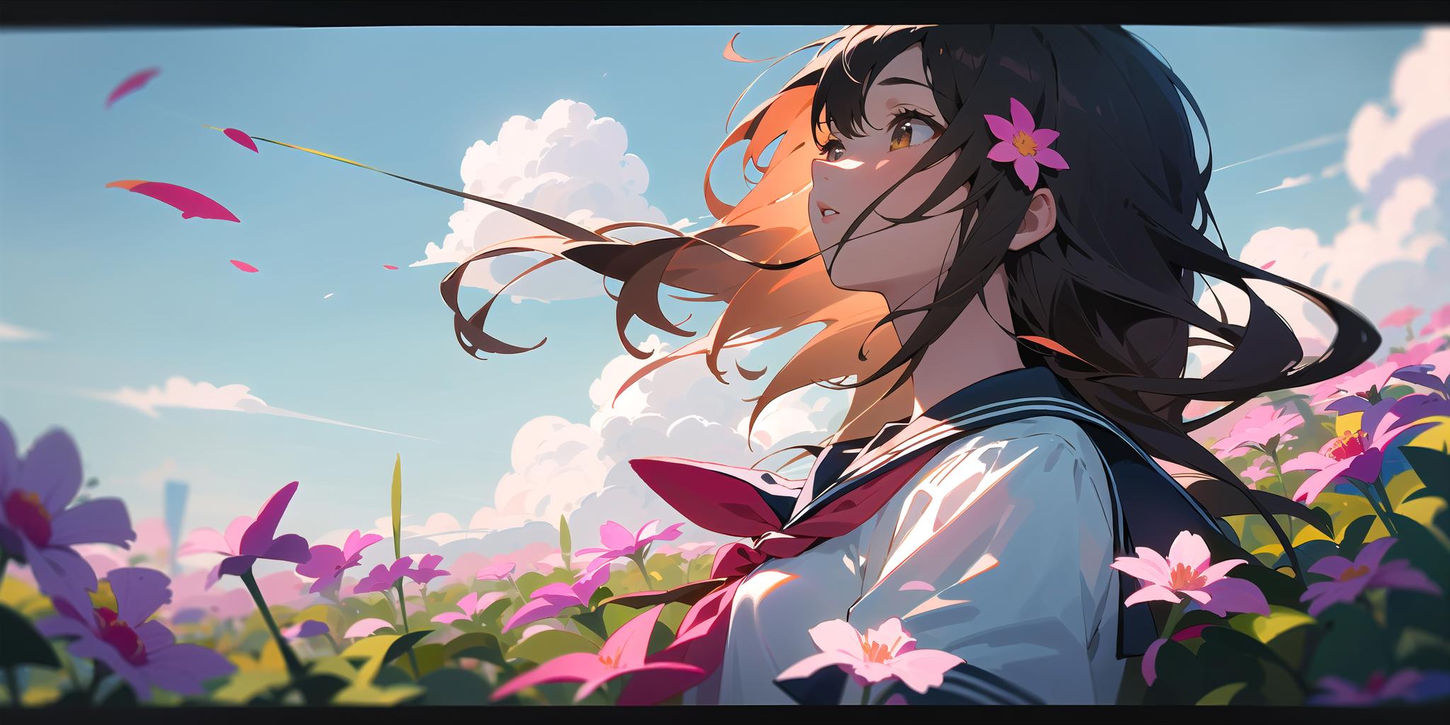 The image features a woman with long, brown hair wearing a school uniform, standing amidst a field of flowers. She is looking up at the sky, creating a serene and peaceful atmosphere. The woman's uniform includes a tie, which is visible as she gazes into the distance. The field of flowers surrounds her, adding a touch of color and natural beauty to the scene.