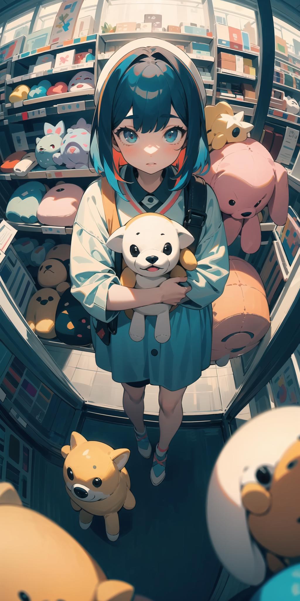 A girl holding a teddy bear in a stuffed animal store.