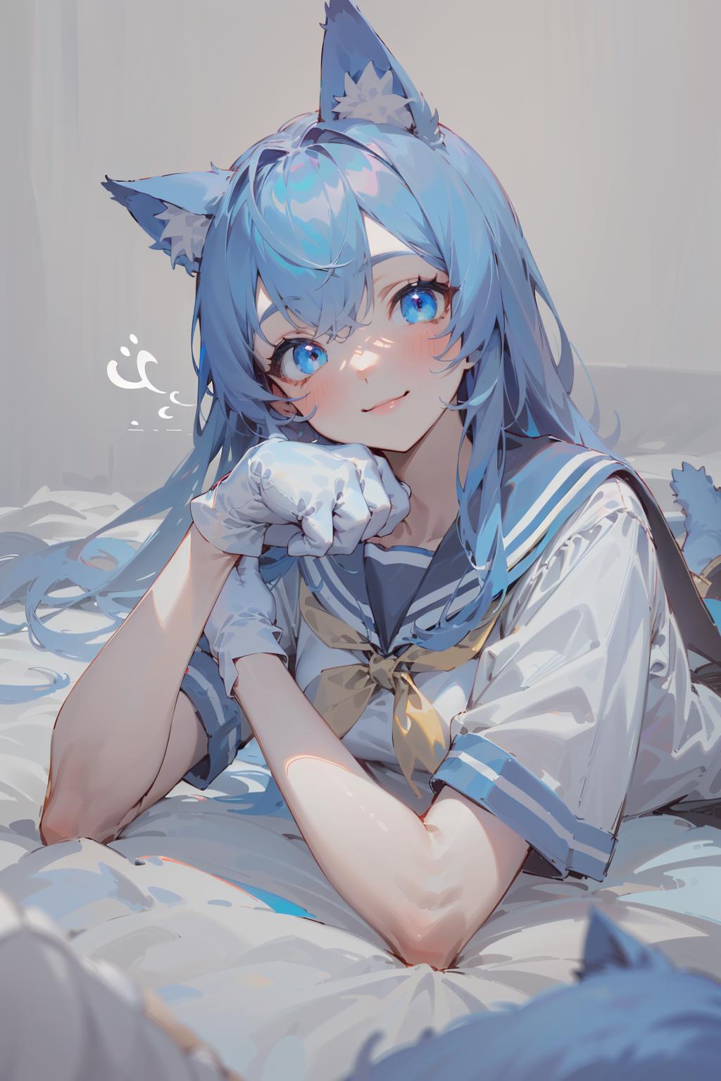 A cartoon drawing of a blue haired girl with cat ears and a yellow bow, posing on a bed.