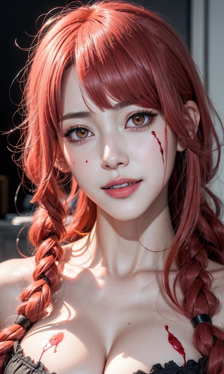Redhead Woman with Dark Red Hair, Red Lips, and Blood Tear on Her Cheek.
