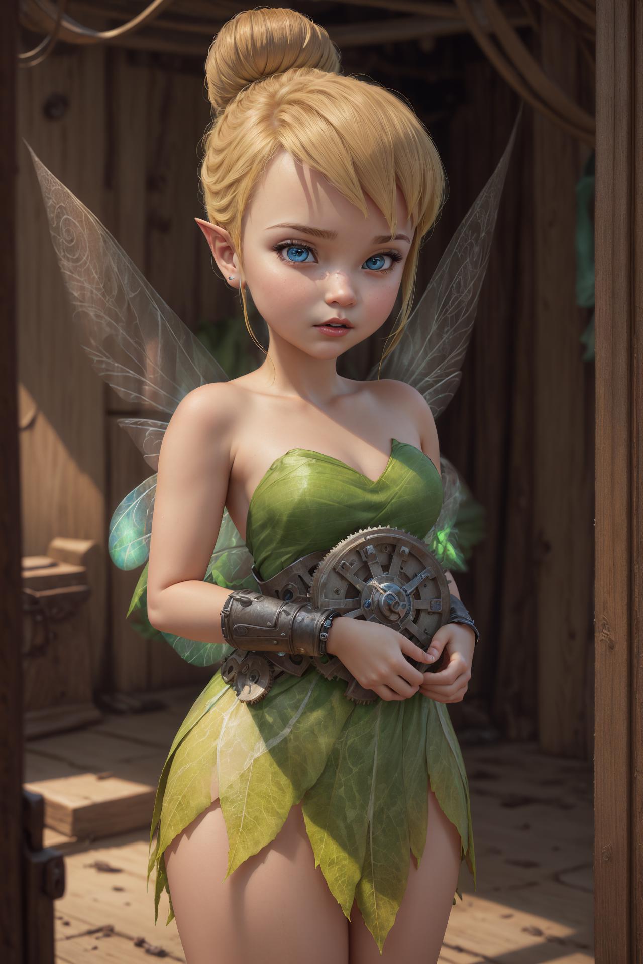 Tinker Bell in a green dress with a gear on her wrist.