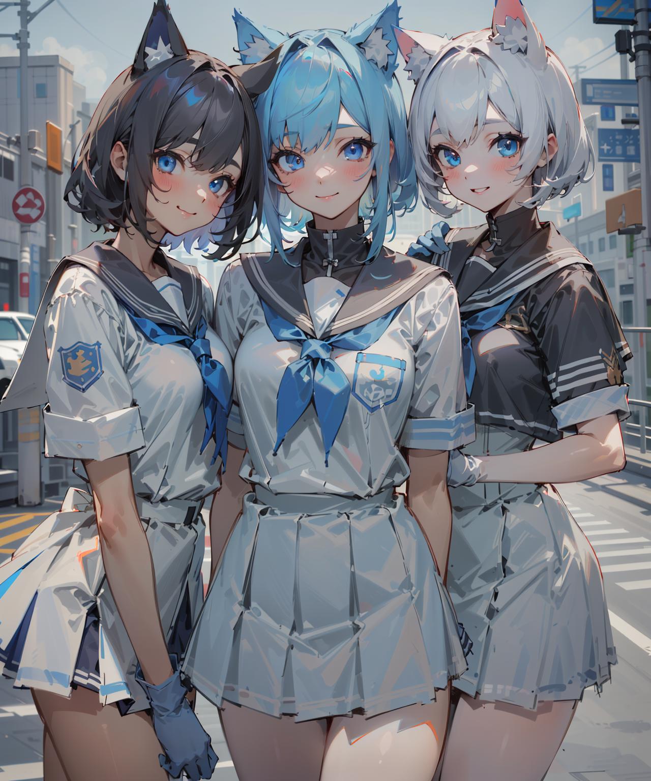 Three Anime Girls in Uniforms Standing on a Road