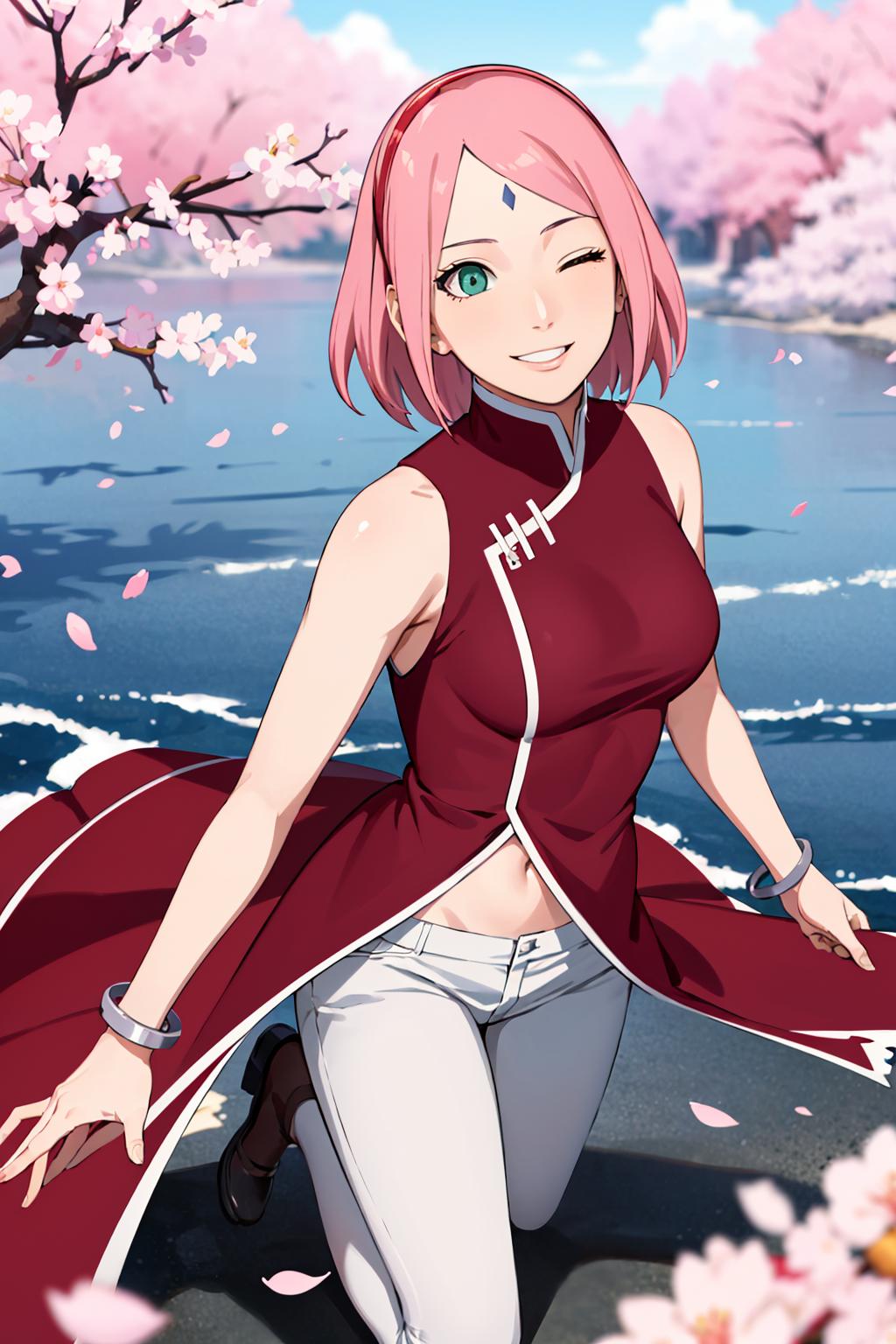 A Pink Hair Anime Girl with a Red Dress and Pink Eyes.