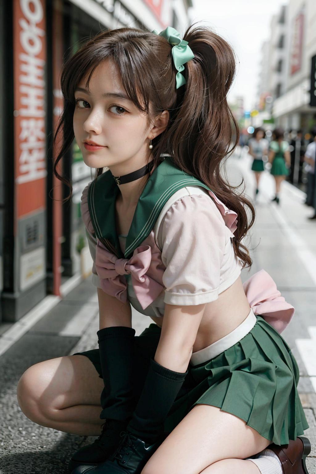 Asian Woman in School Uniform Sitting on Street with Pink Ribbon in Hair