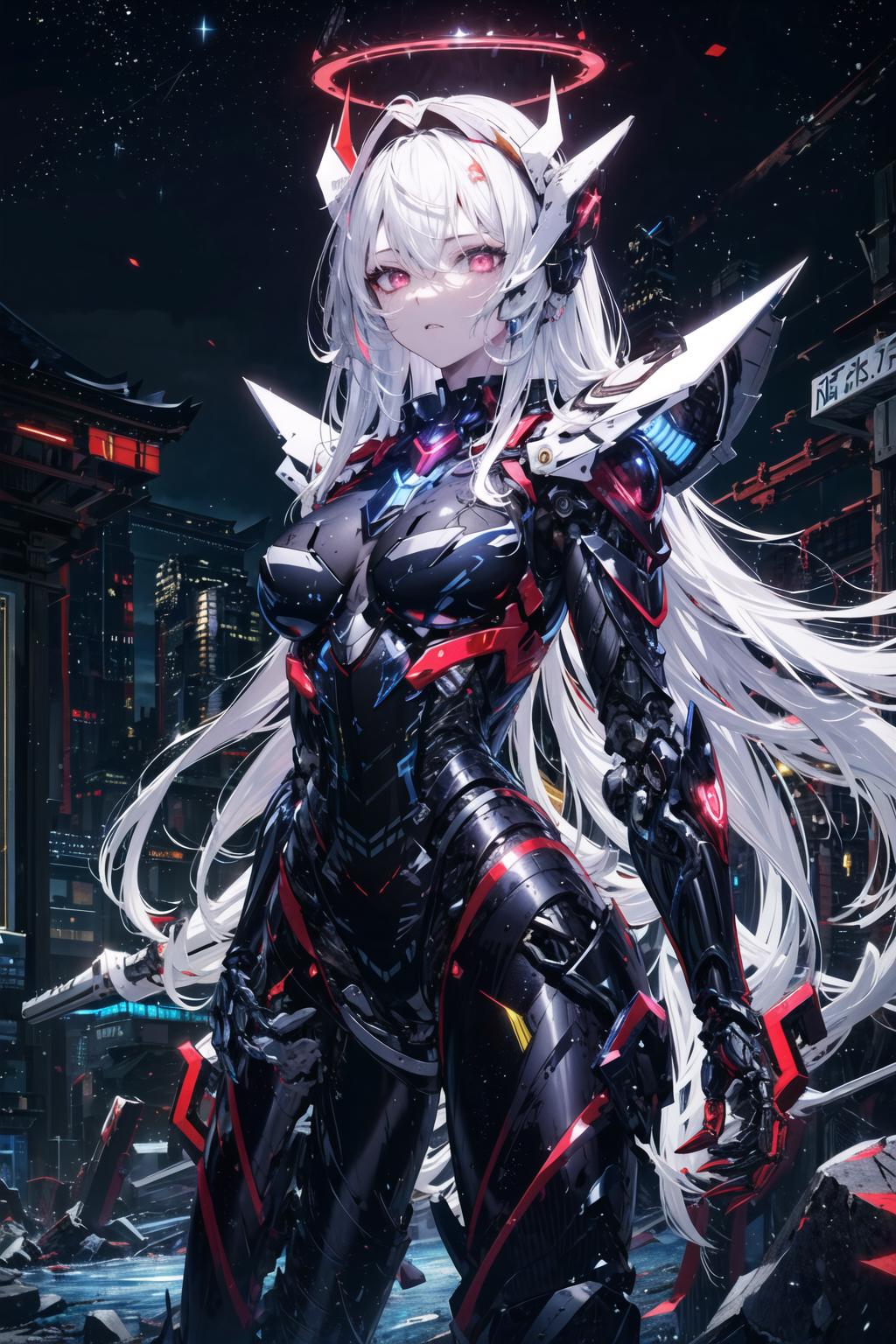 A woman wearing a black and red armored suit stands in a futuristic city.