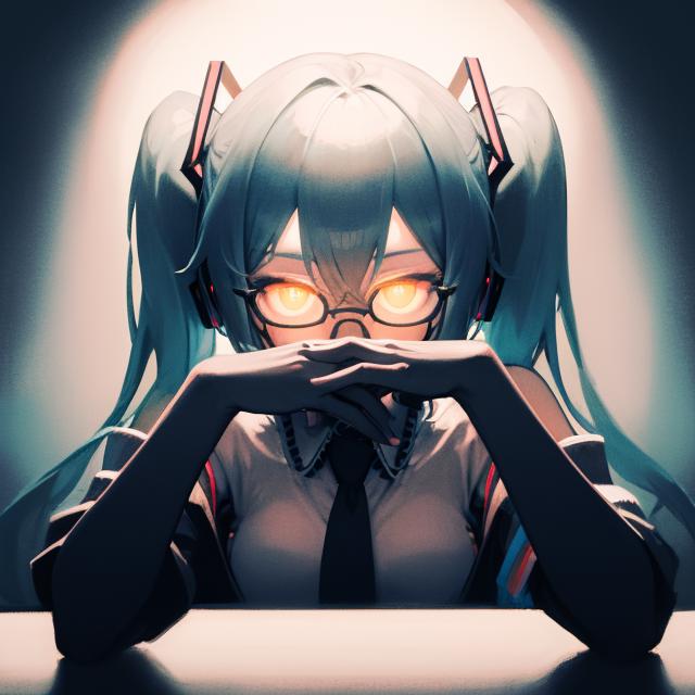 Anime girl with glasses and a black tie sitting at a desk.