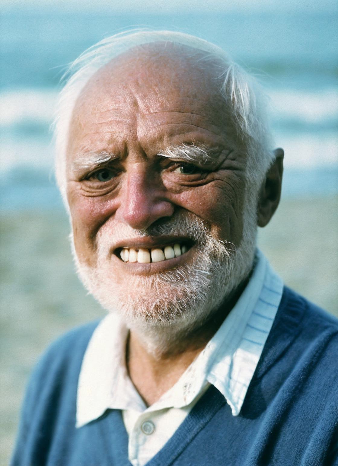 Old man smiling on the beach, wearing a blue shirt and a striped sweater.