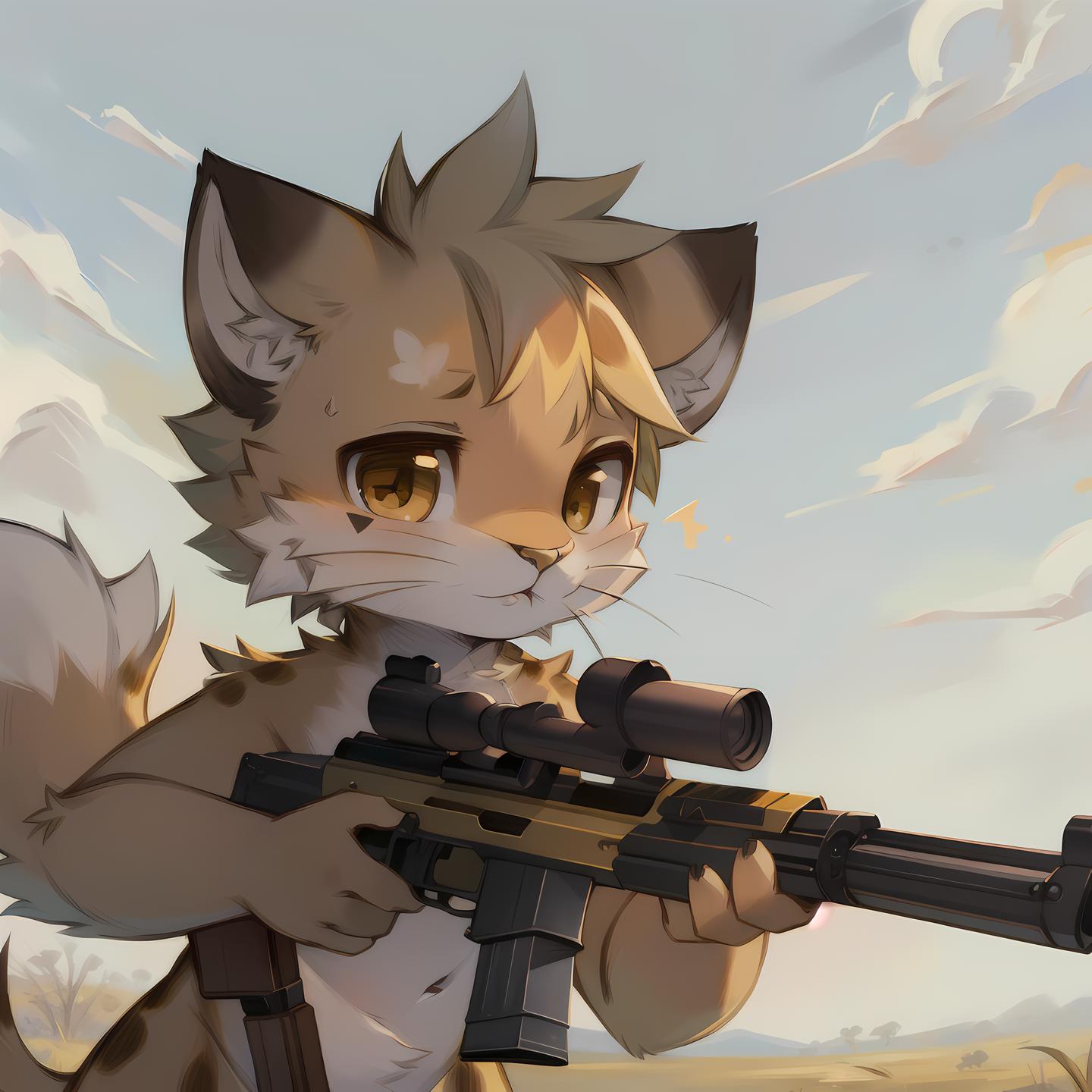 A cartoon kitten holding a gun and looking sad.