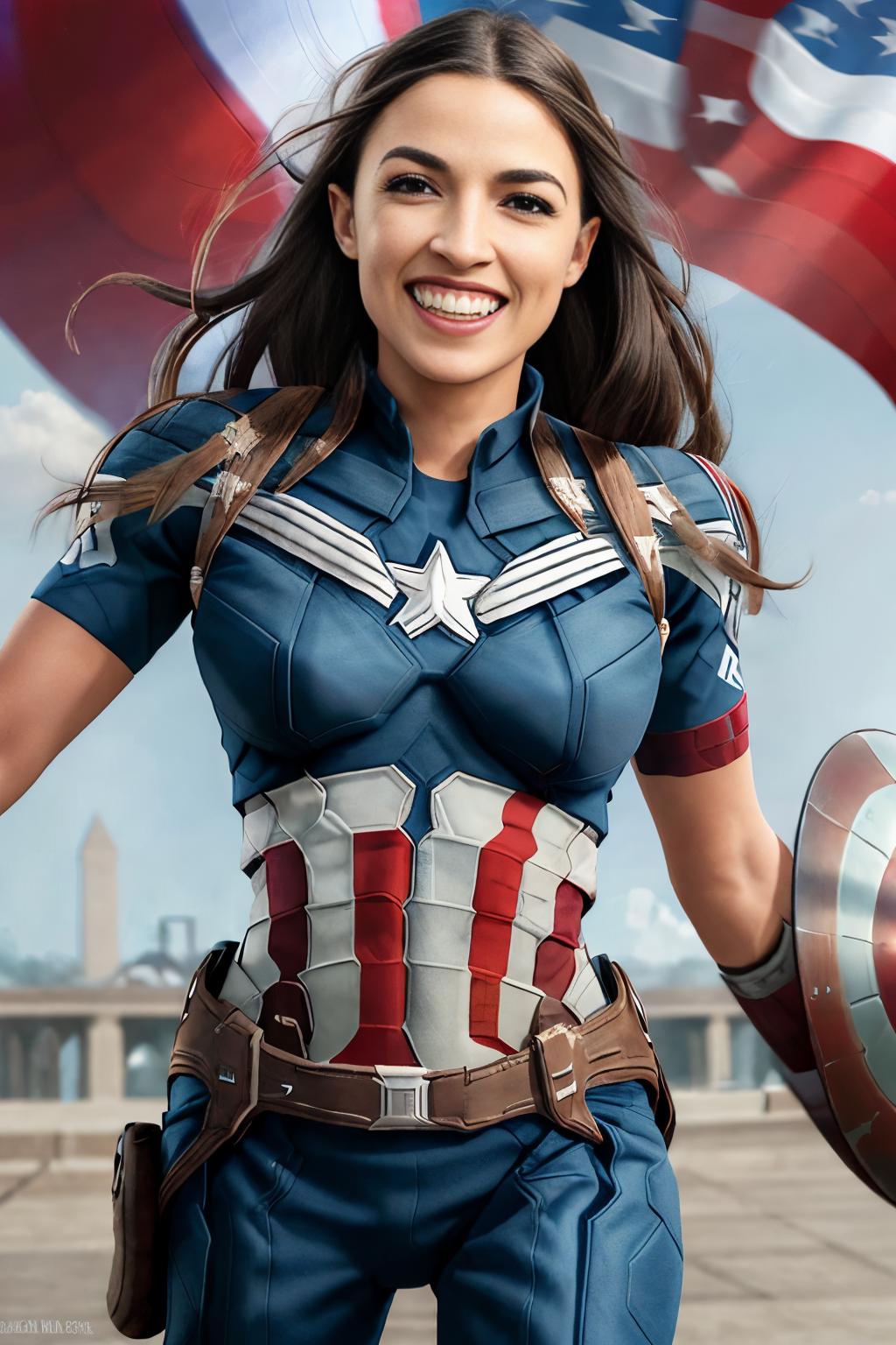 A female superhero in a blue and white costume, smiling and holding a shield, with the sky and a monument in the background.
