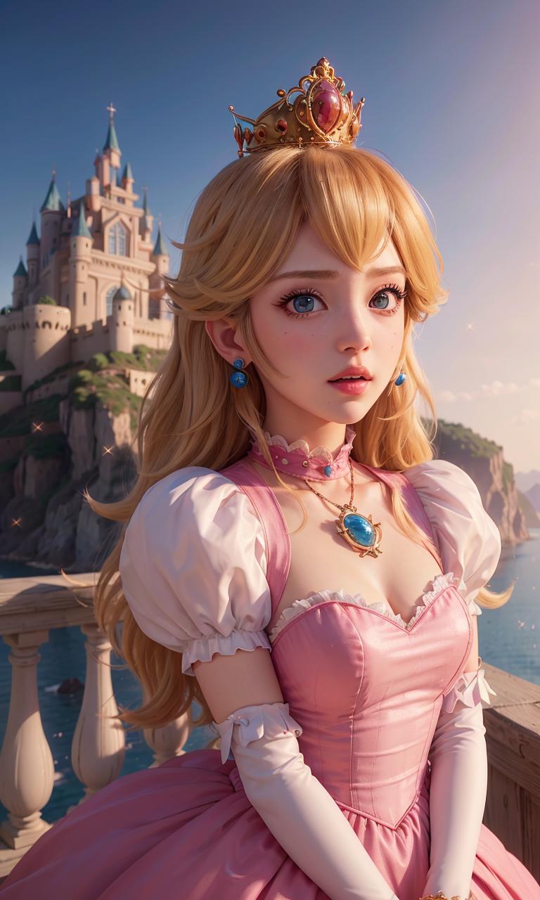 A pink princess looking out over a body of water with a castle in the background.
