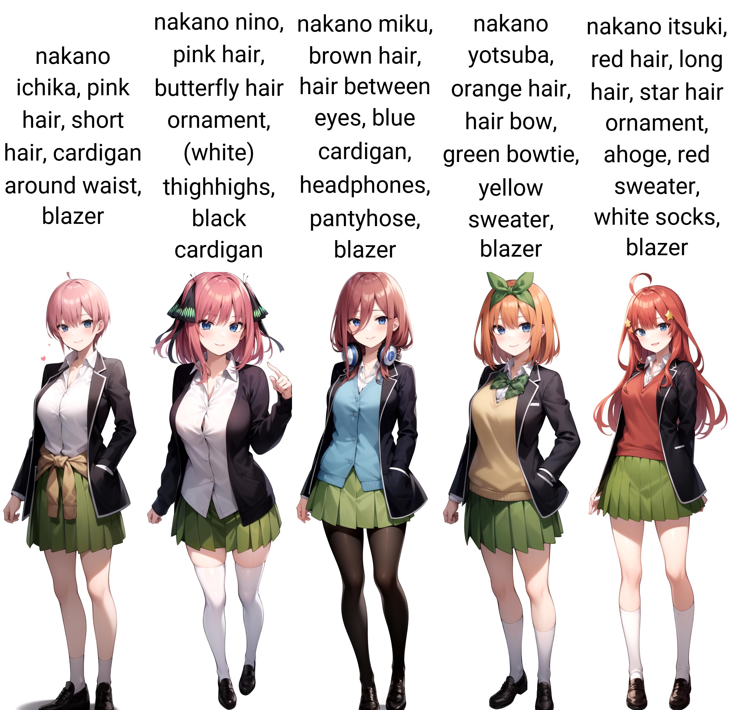 Four Anime Characters in School Uniforms with Pink, Blue, Orange, and Green Hair.