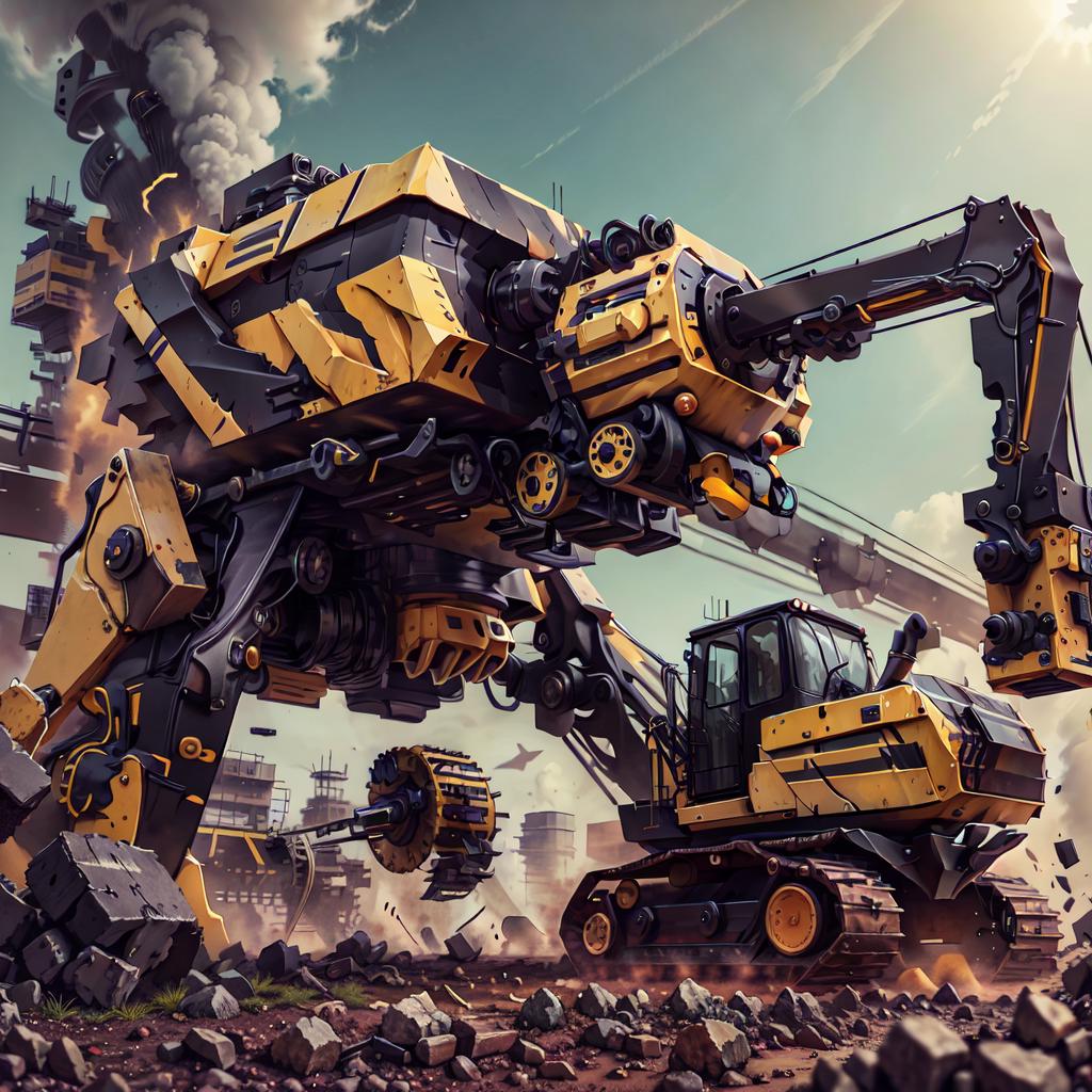 A Yellow and Black Construction Machine with a Huge Arm and Chainsaw.