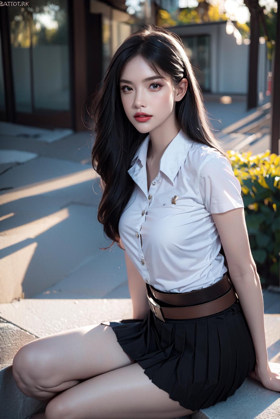 A young Asian woman wearing a white shirt, brown belt, and black skirt poses for a picture.