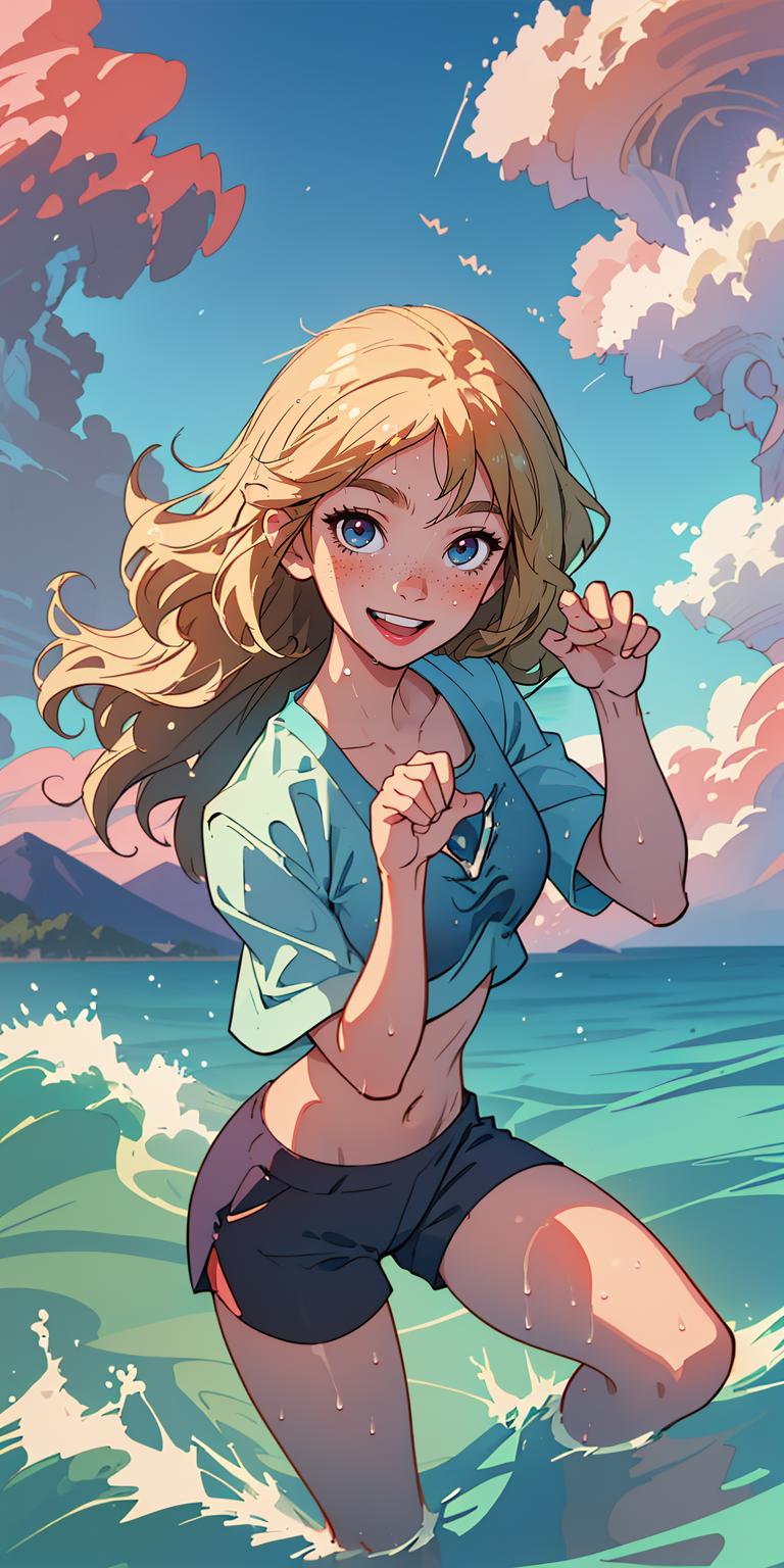 A cartoon woman in a blue shirt with a heart shape on it is standing on the beach and smiling.