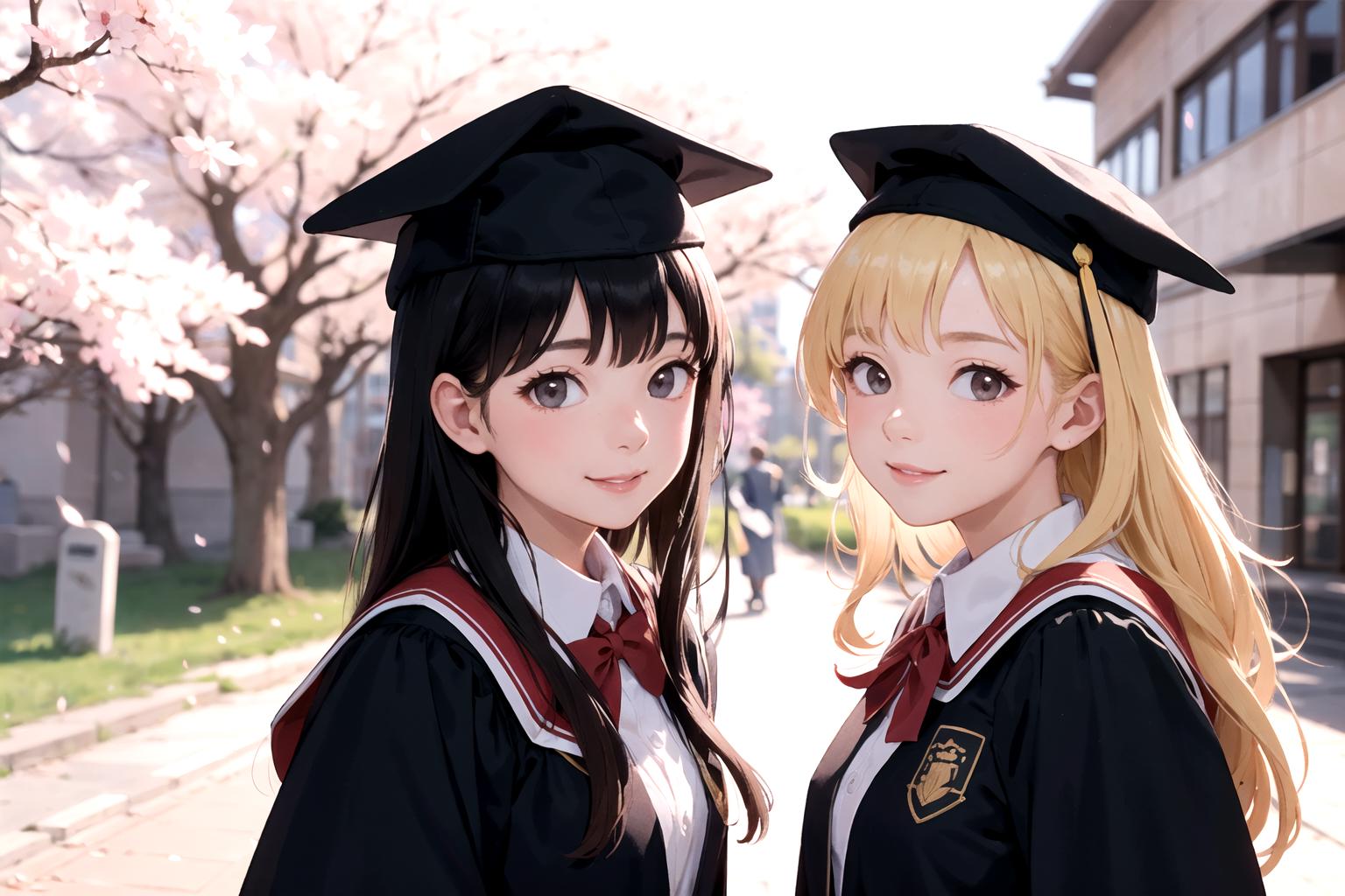 Two cartoon women wearing graduation caps and gowns.