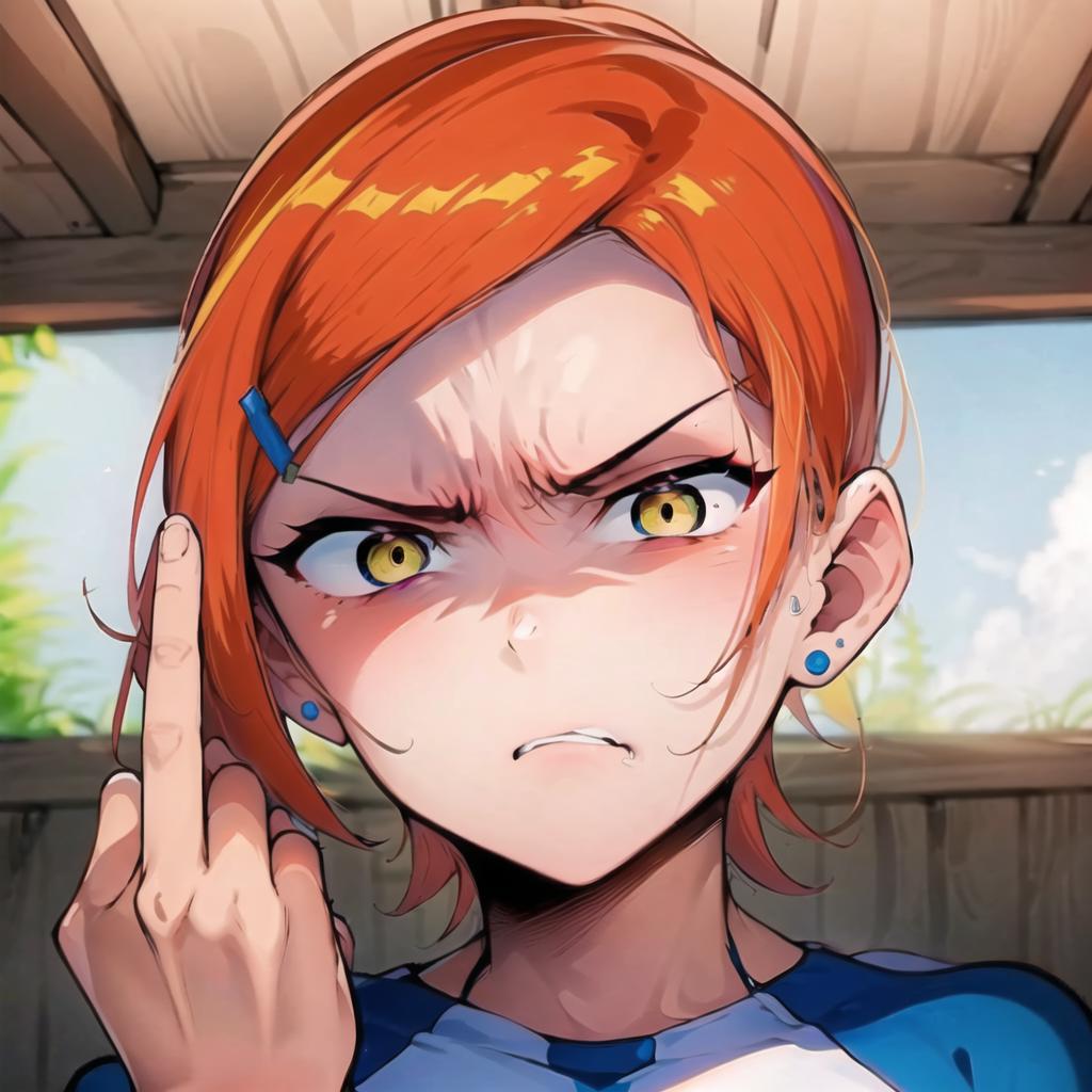 A girl with red hair and a blue dot on her forehead is giving the finger.