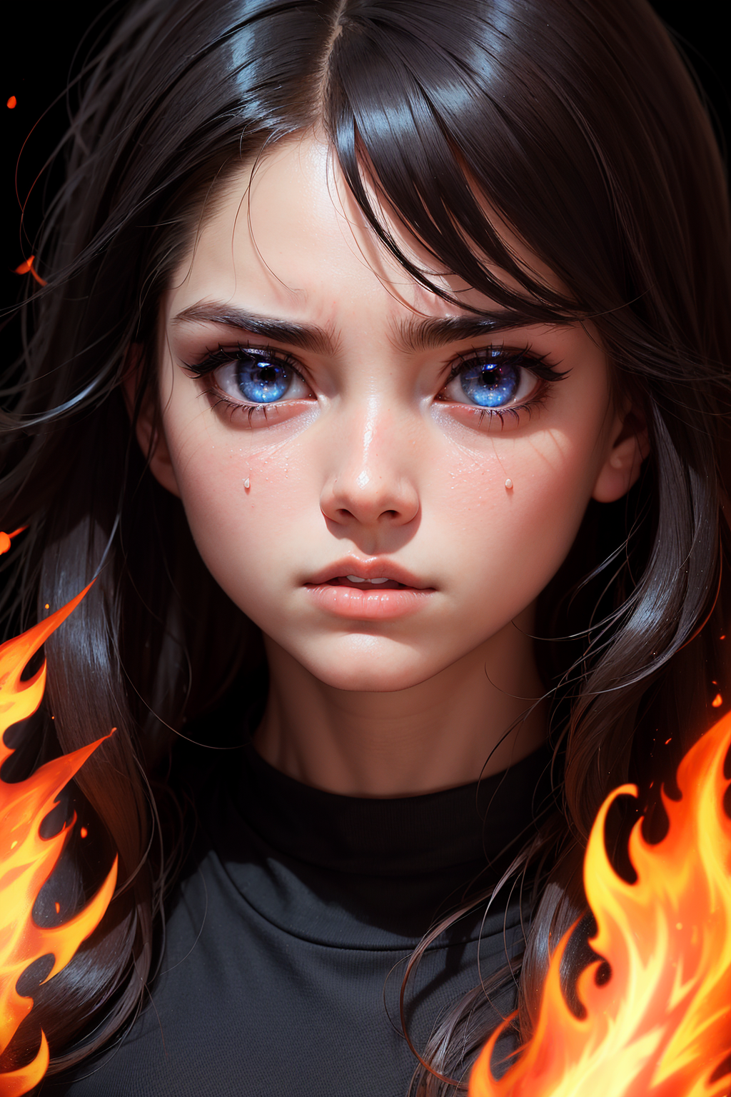 Anime-style girl with blue eyes and purple eyelashes and a single tear, with a fiery background.