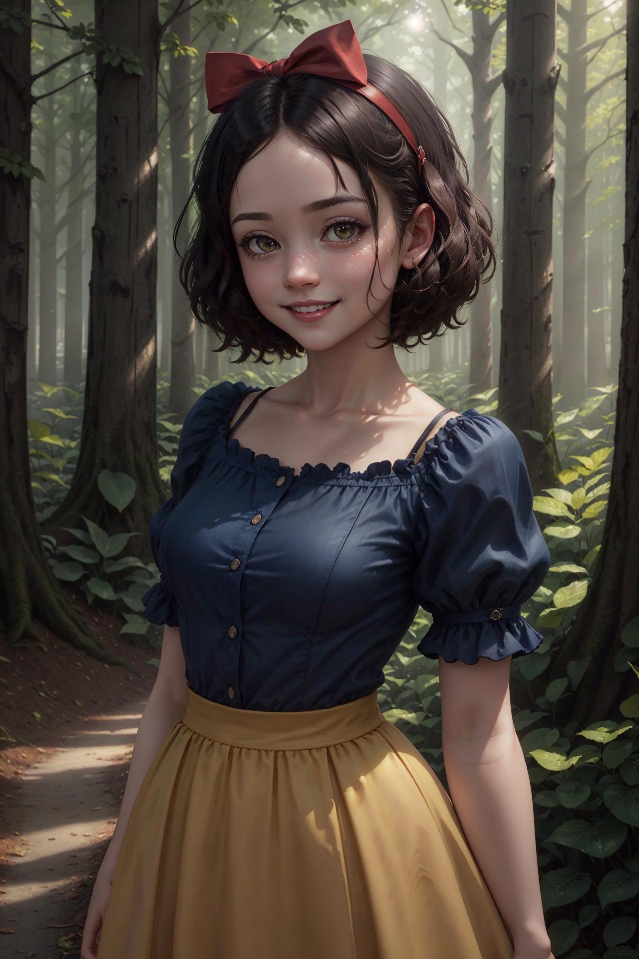 A young woman wearing a blue dress and a yellow skirt standing in a forest.