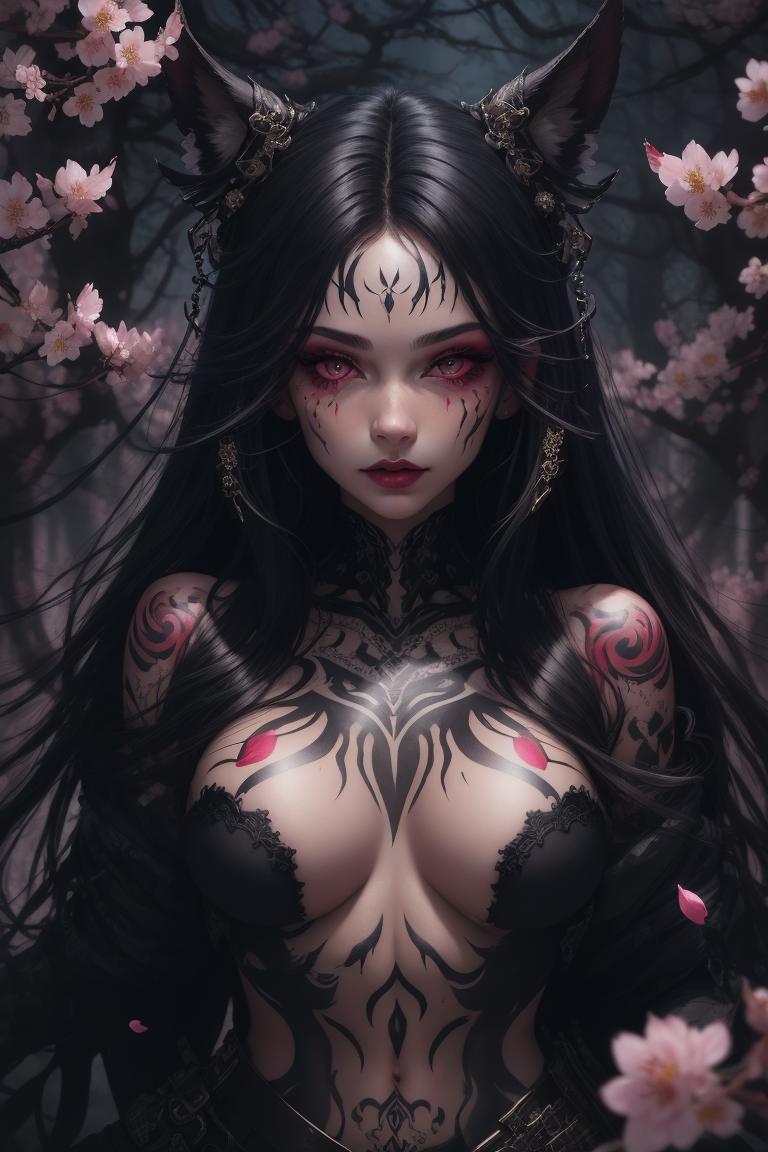 Anime-style drawing of a woman with black hair, black lingerie, and red makeup and tattoos.