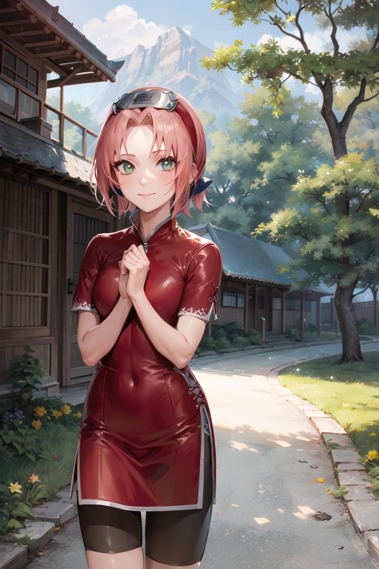 Cartoon Anime Girl in Red Outfit Smiling on the Road