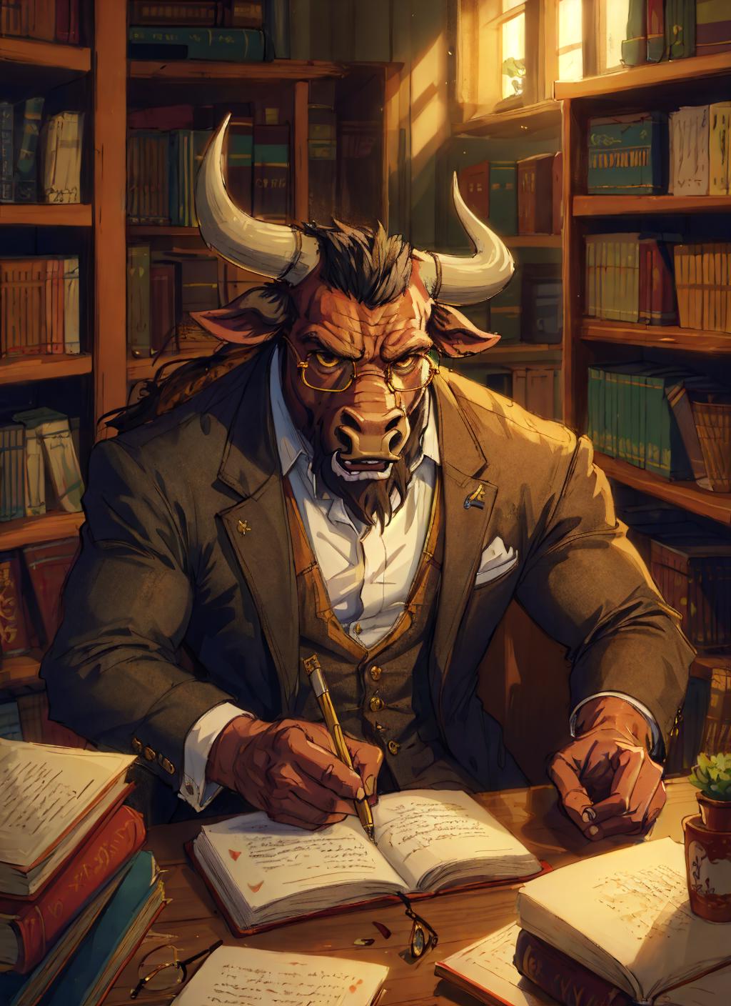 A horned bull in a suit and tie writing a letter.