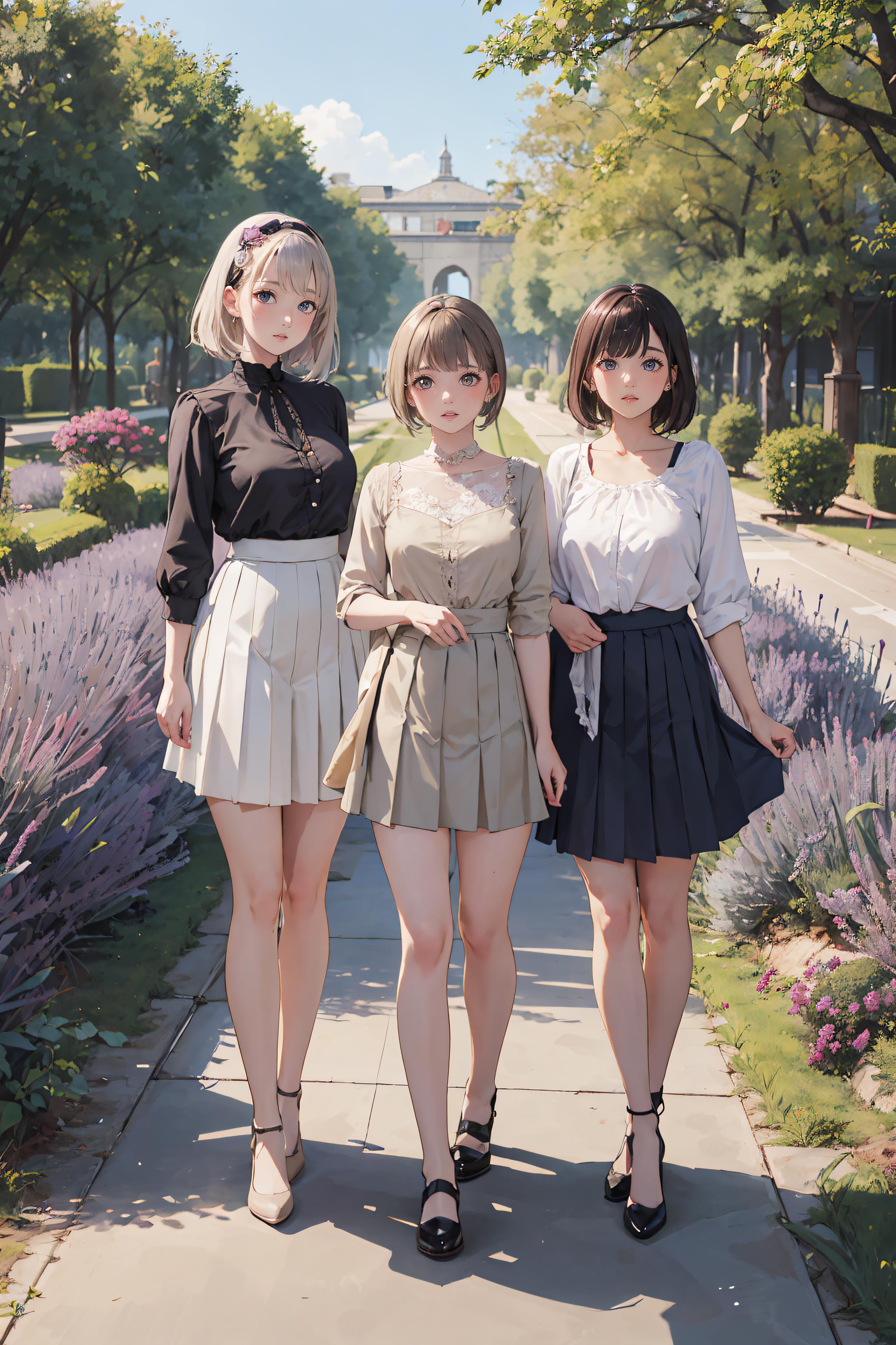 Three anime characters dressed in skirts and shorts walking down a sidewalk.