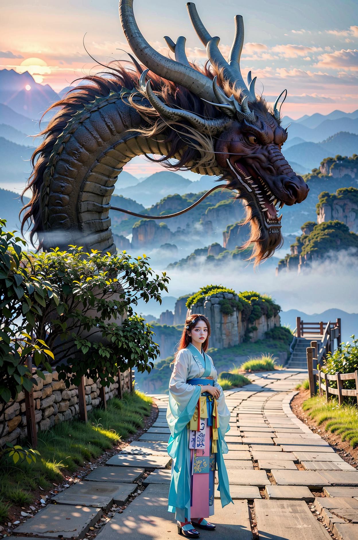 A woman standing in front of a dragon statue overlooking a mountain.