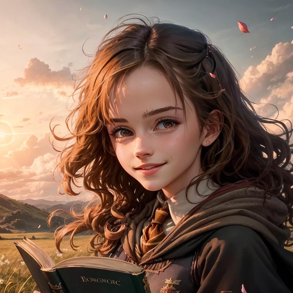 A pretty young woman in a wizard's robe stands in a field, holding a book.
