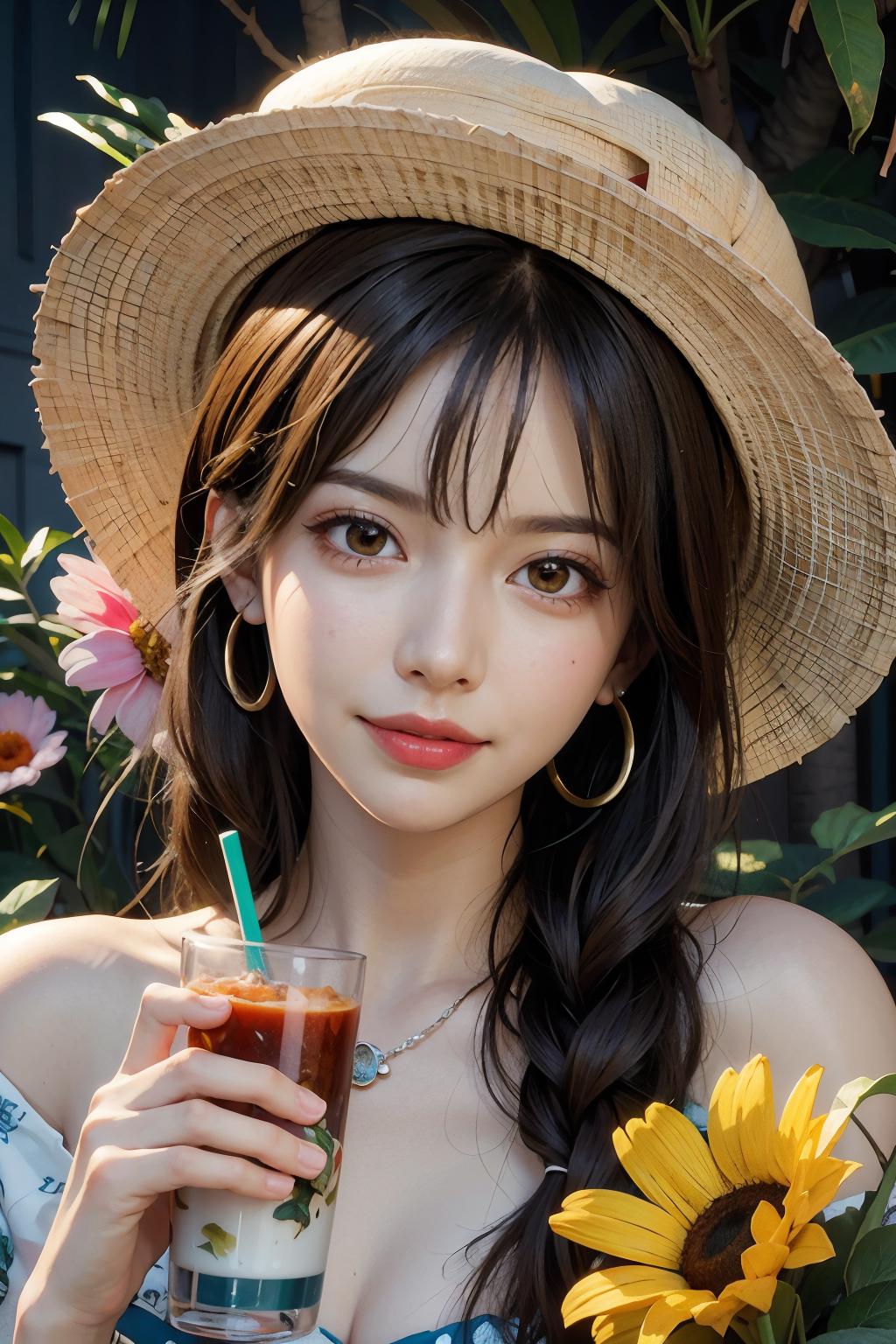 A woman in a straw hat holding a glass of red liquid, possibly a cocktail.