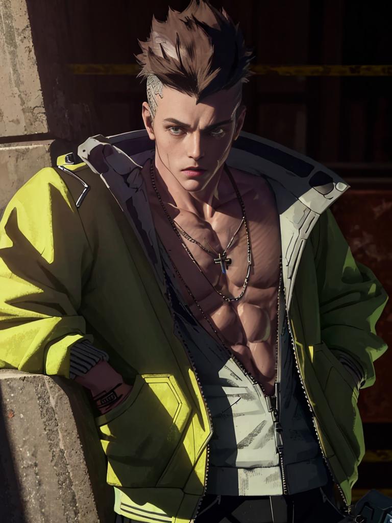 Shirtless Man in Yellow Jacket with Cross Necklace and Neck Tattoo.