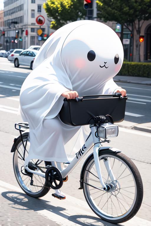 A person dressed as a ghost riding a bicycle with a basket.