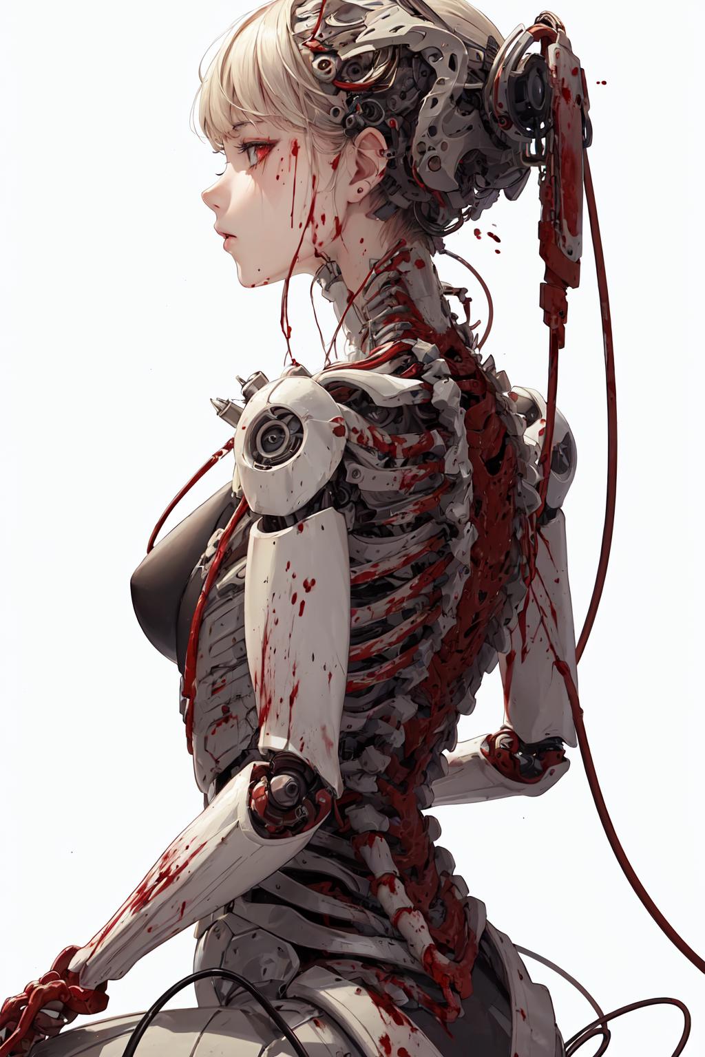 A robot with a woman's head and a bloody back.