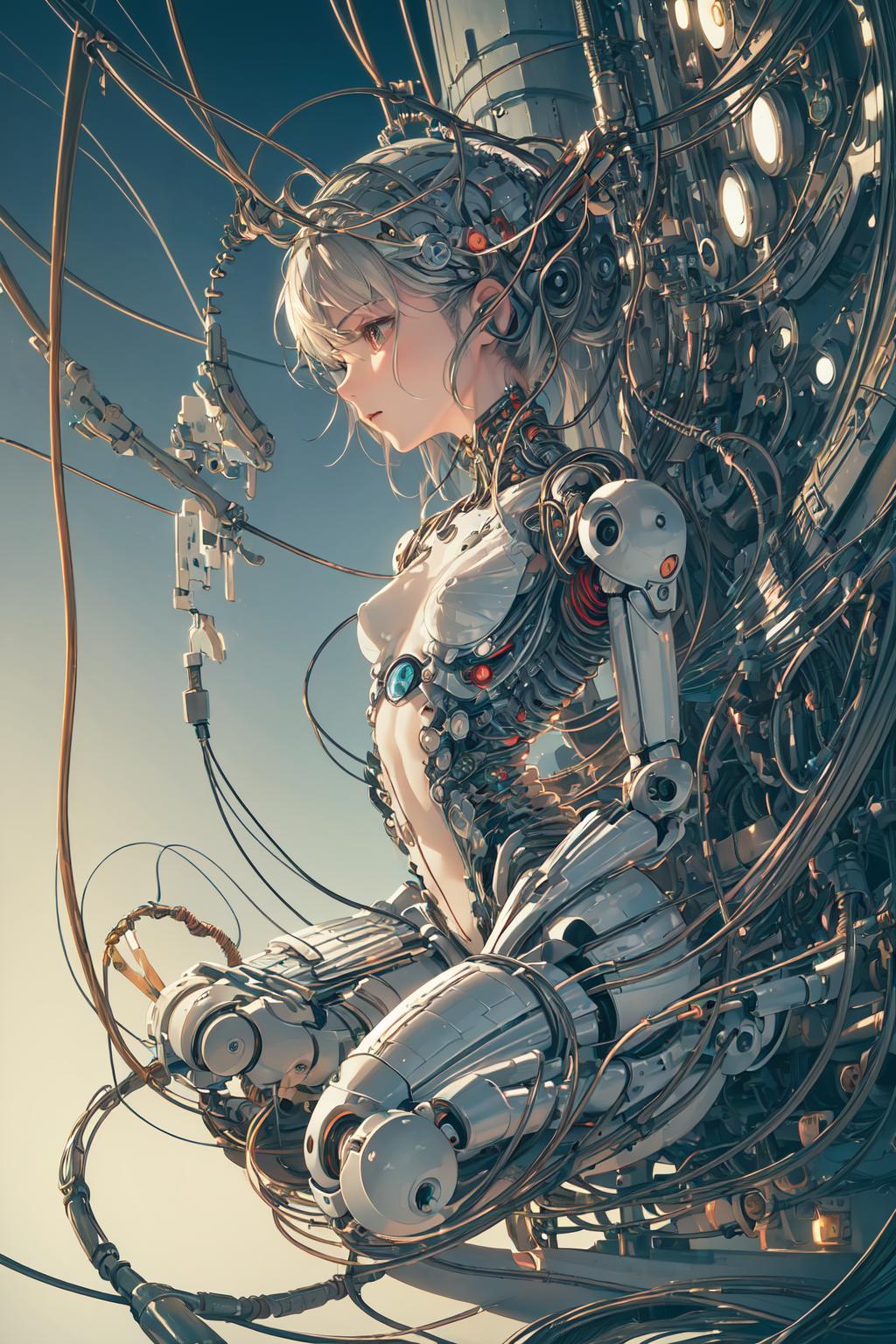A robot with a female appearance, surrounded by wires and mechanical parts.