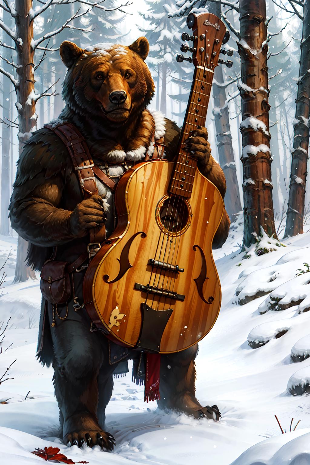 A cartoon drawing of a bear holding a guitar in the snow.