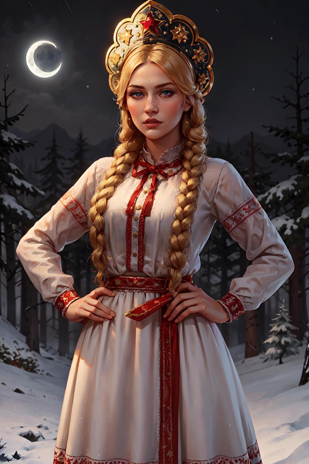 A beautiful woman with braided hair wearing a white dress and red belt in a forest.