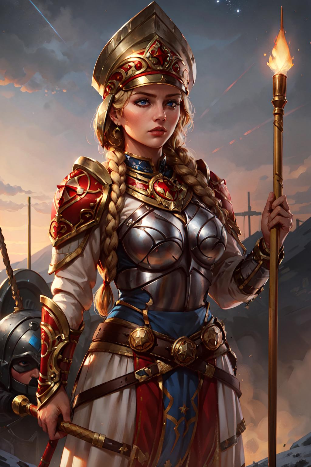 A warrior princess wearing a chainmail dress and a gold crown holds a staff.